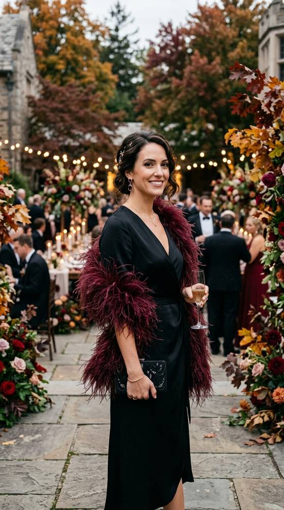 Woman in a simple black dress with a burgundy feather boa at a glamorous fall wedding