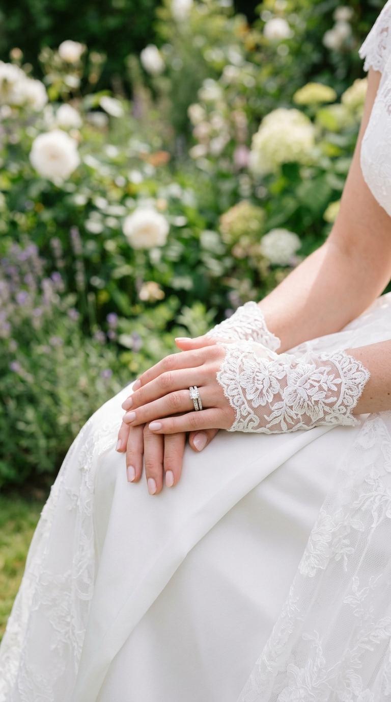 A bride's hands in fingerless lace wedding gloves showing her wedding ring, garden background.