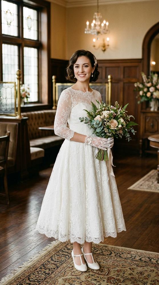 A bride wearing short lace wedding gloves with a vintage tea-length dress, retro venue.