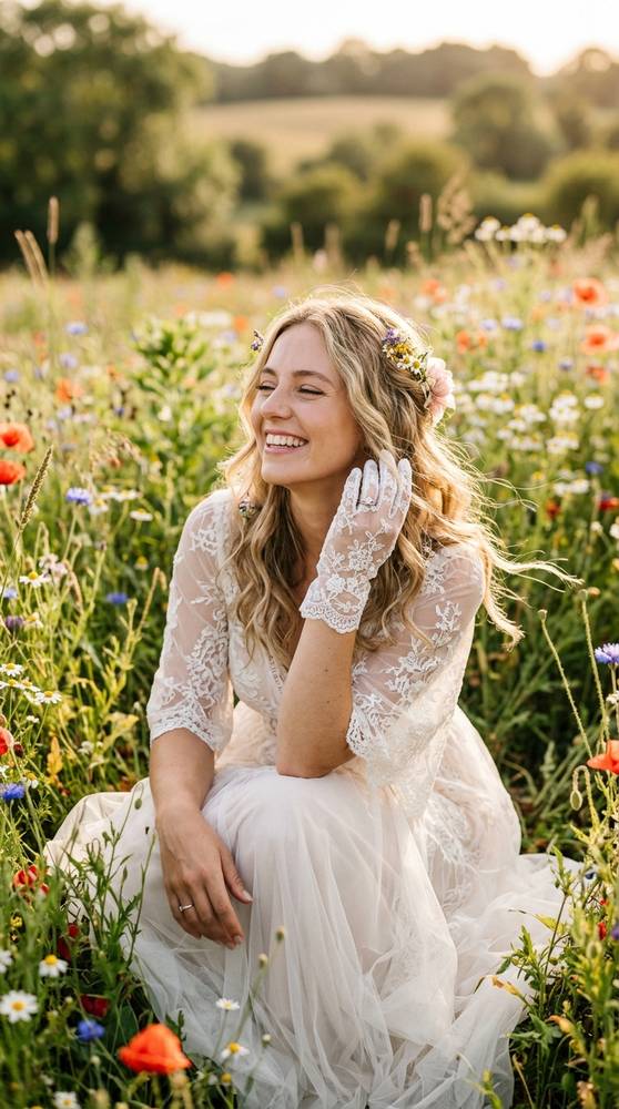 A bride wearing lace wedding gloves in a sunlit meadow, wildflowers around, carefree and romantic.