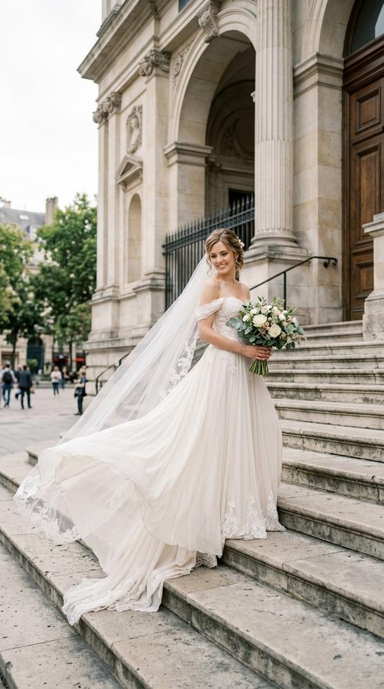 A bride in a flowing ivory chiffon wedding gown on grand courthouse steps, fabric catching the breeze