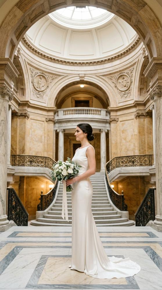 A bride in a sleek ivory satin column wedding gown in a marble courthouse rotunda