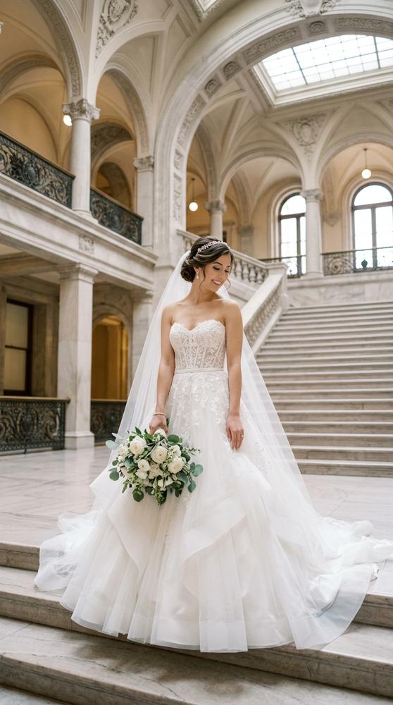A bride in a white ballgown wedding dress with a strapless bodice in a grand courthouse lobby