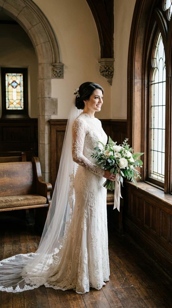 A bride in an ivory lace sheath wedding gown with long sleeves in a vintage courthouse chapel