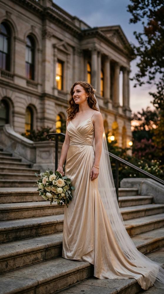 A bride in a champagne gold-toned wedding gown with a draped bodice at dusk outside the courthouse