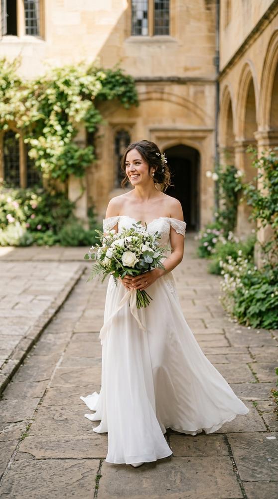 A bride in a white off-shoulder wedding gown with a flowing chiffon skirt in a sunlit courthouse courtyard