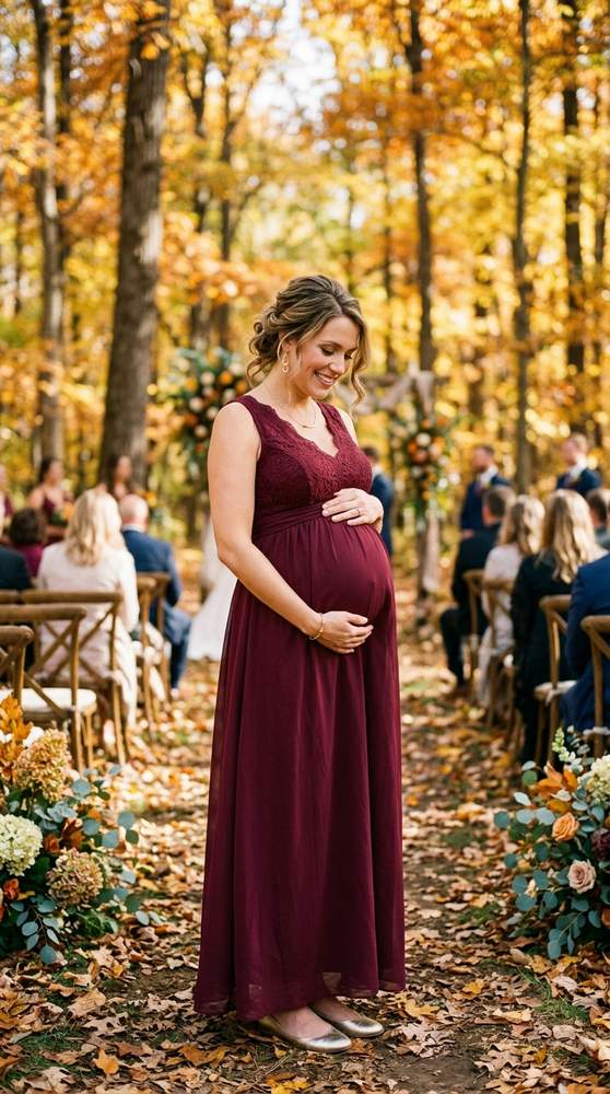 Pregnant wedding guest in a burgundy empire-waist chiffon maxi dress, gold flats, gently cradling her bump among golden