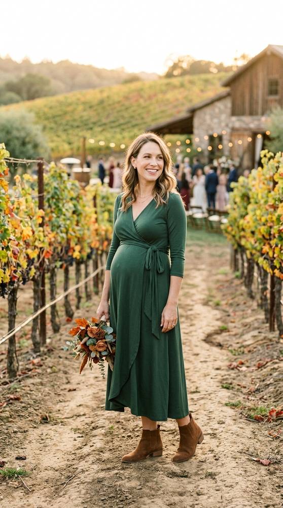 Elegant pregnant guest wearing a forest green jersey wrap dress that ties above the bump, brown ankle boots, standing in a
