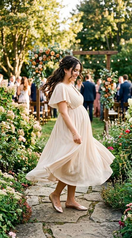Stylish pregnant guest in a champagne babydoll midi dress with flutter sleeves, rose-gold flats, twirling softly in a sunlit