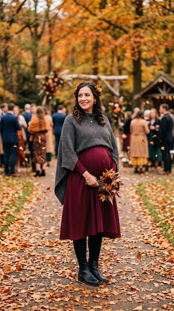 Pregnant wedding guest in a charcoal poncho-style knit layer over a burgundy maternity midi dress, black leggings, black