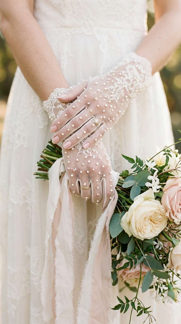 Close-up of ivory mesh gloves dotted with tiny pearls, bride’s hands holding a silk ribbon bouquet, soft daylight.