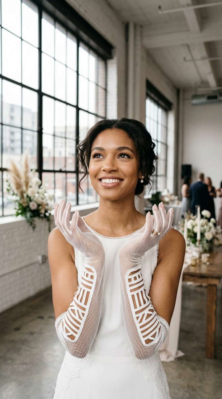 Bride in white mesh gloves with bold geometric cutout patterns, hands raised in a minimalist loft wedding venue.