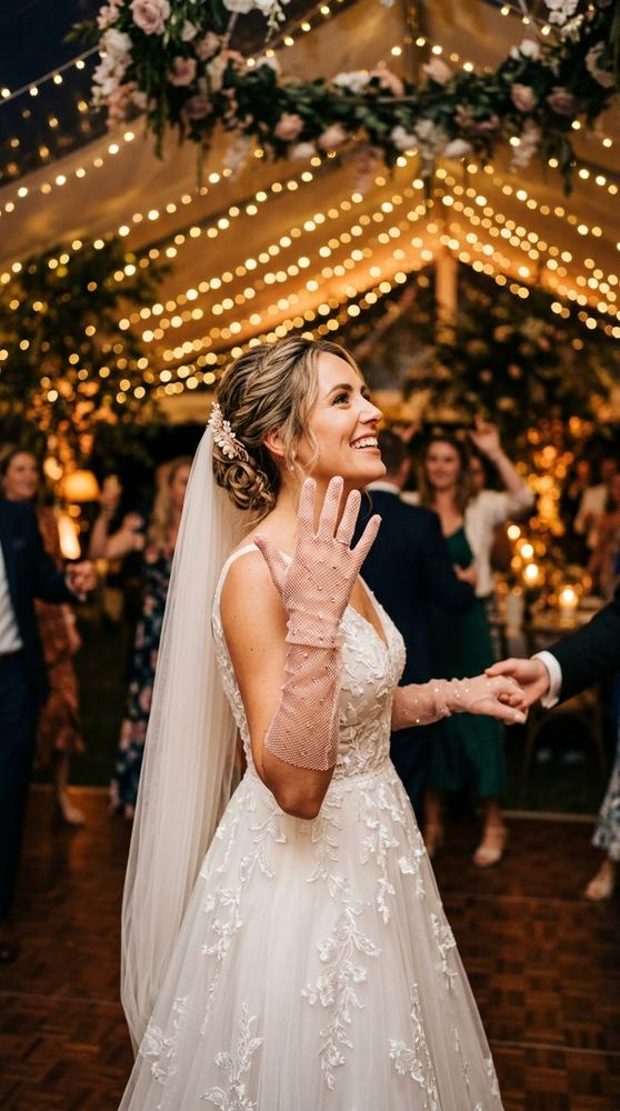 Bride wearing blush mesh gloves with scattered rhinestones, dancing under string lights at an evening reception.