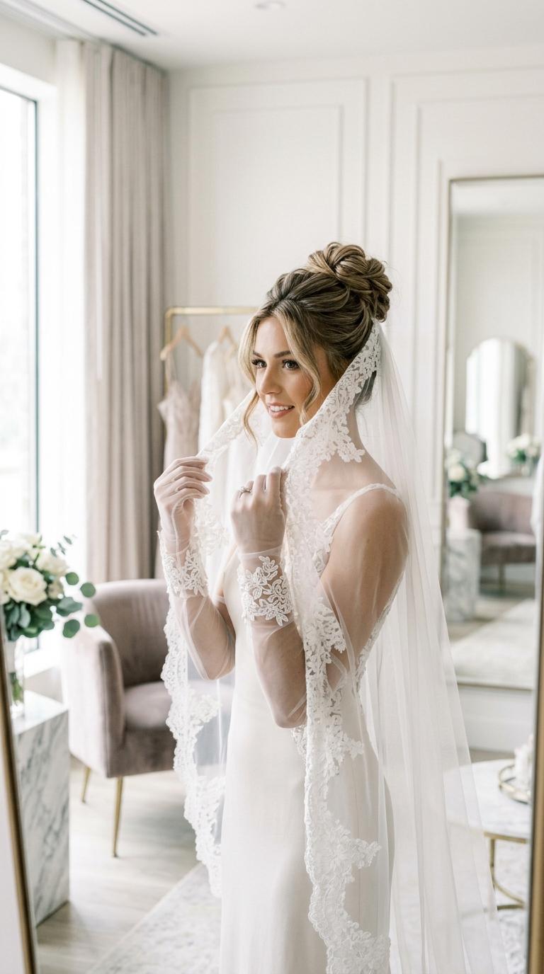 Bride in long white mesh gloves with lace applique at the cuffs, adjusting her veil in a bright modern bridal suite.