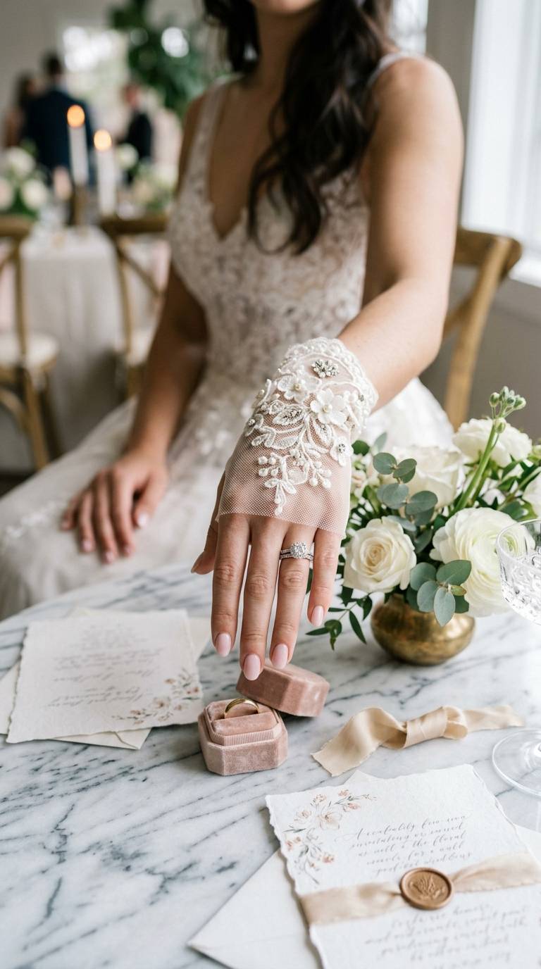 Bride wearing fingerless mesh gloves with ring details, showing her engagement ring over a marble table.