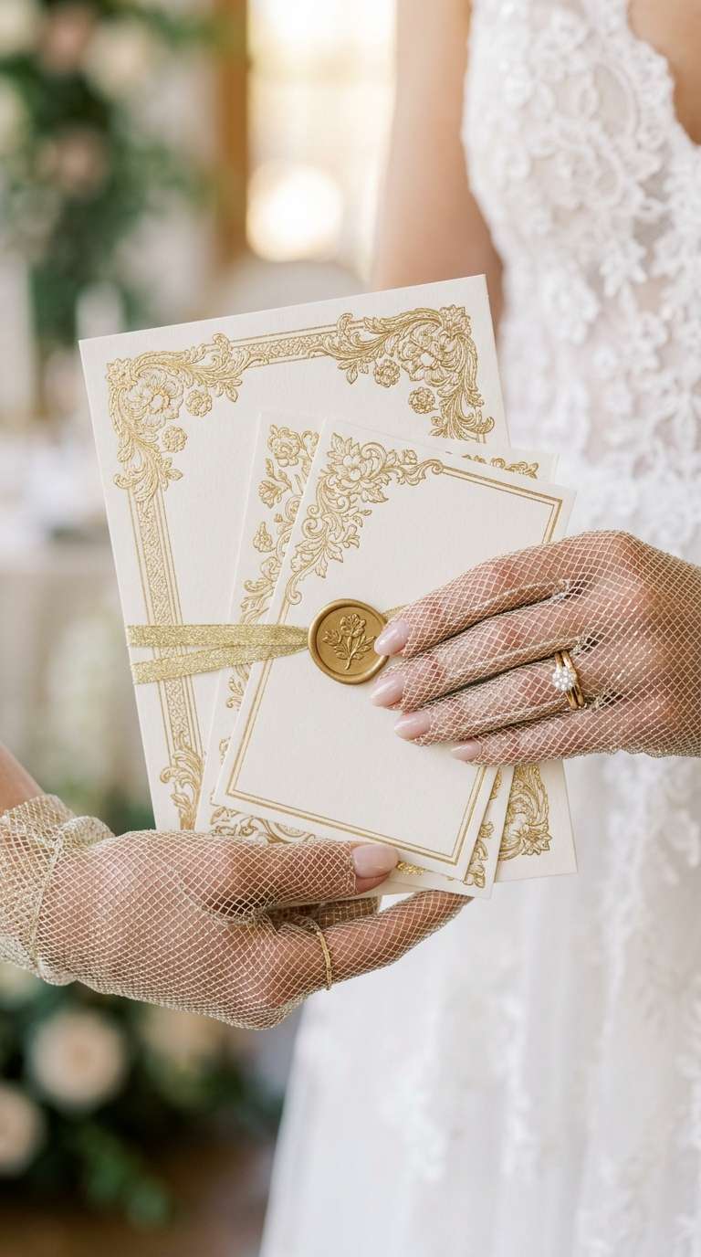Close-up of mesh gloves with metallic gold threading woven through, bride’s hands holding a gold-detailed invitation suite.