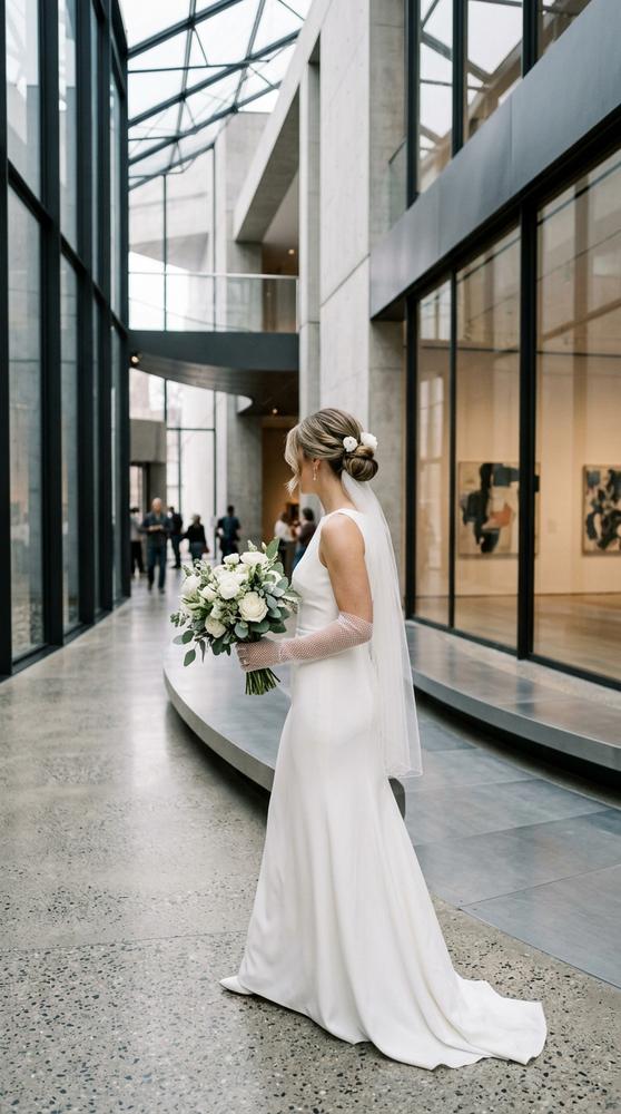 Bride in elbow-length white mesh gloves with a sleek crepe gown, walking through a modern museum atrium.