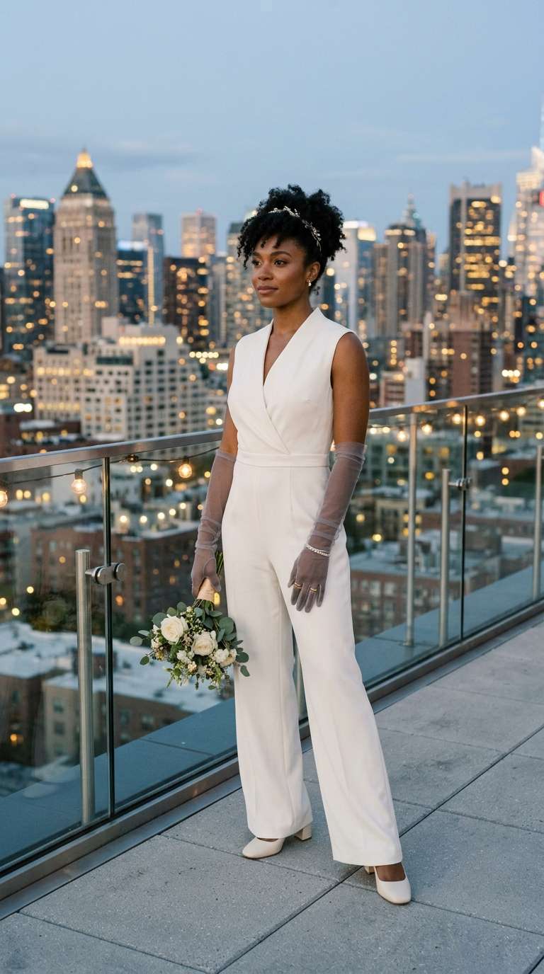 Bride in grey mesh gloves with a modern jumpsuit wedding outfit, posing on a city rooftop at dusk.