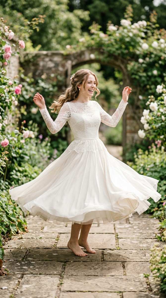 a bride in a tea-length modest drop waist wedding dress with long sleeves, twirling joyfully, vintage-inspired charm, photogr