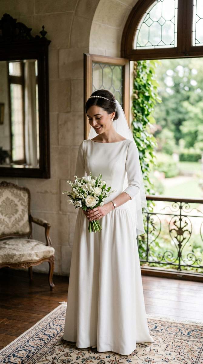 a bride in a modest bateau neckline drop waist gown, classic Audrey Hepburn-inspired elegance, photographed with a high-end c