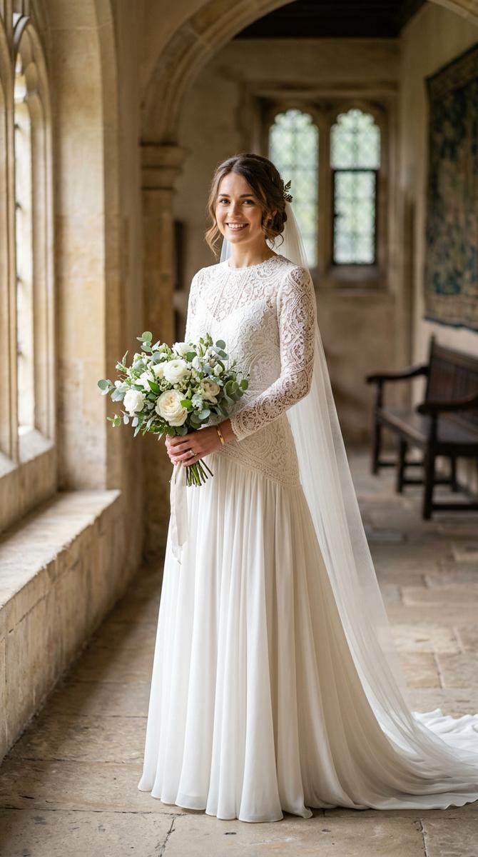 a bride in a modest drop waist gown with a fully lined opaque lace bodice, soft and refined, photographed with a high-end cam