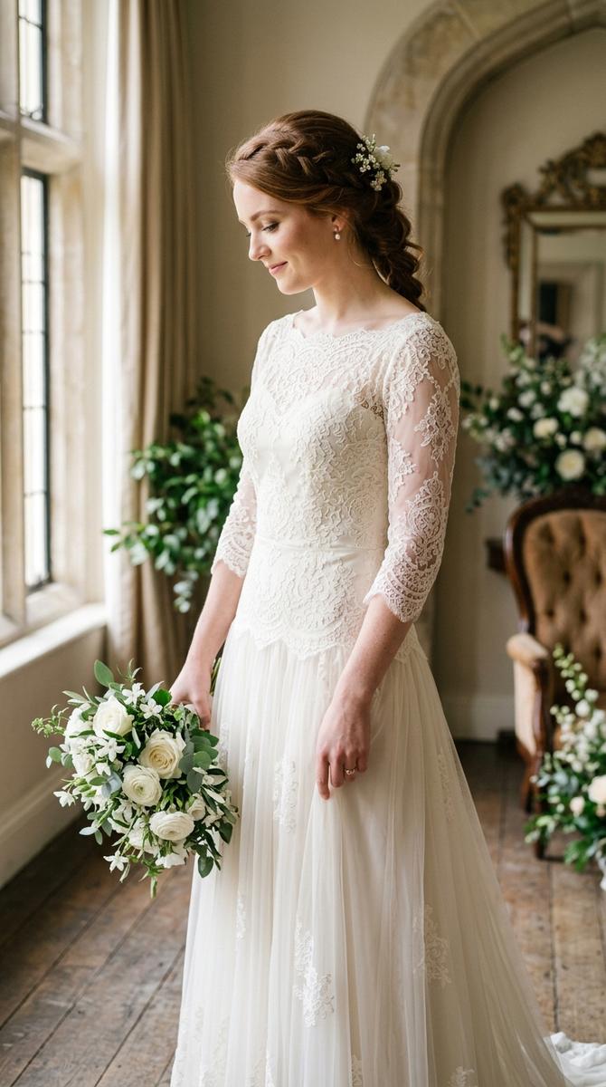 a bride showing elegant three-quarter lace sleeves on a modest drop waist wedding dress, refined bridal detail, photographed 