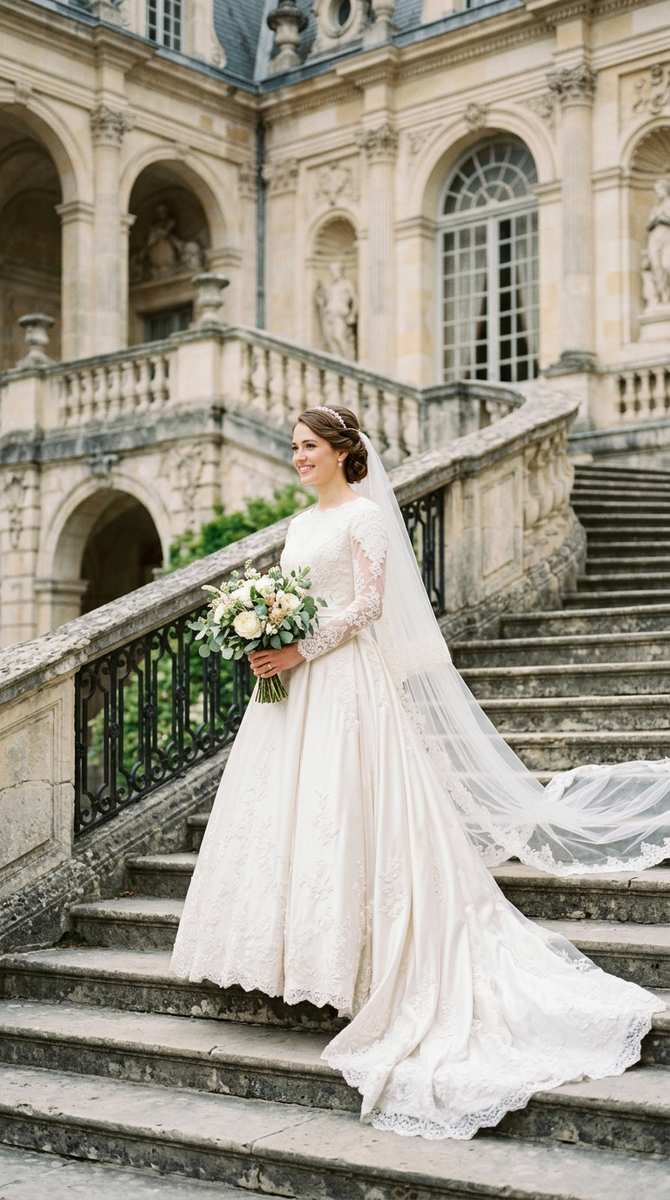 a bride in a modest ballgown-style drop waist wedding dress with long sleeves, standing on palace steps, fairytale grandeur, 