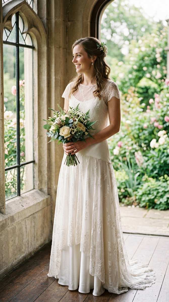 a bride in a modest satin slip drop waist gown with a sheer lace overlay, layered and graceful, photographed with a high-end 