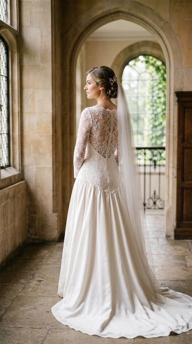 a bride from a three-quarter angle showing a high modest backline on a lace drop waist gown, dignified bridal beauty, photogr