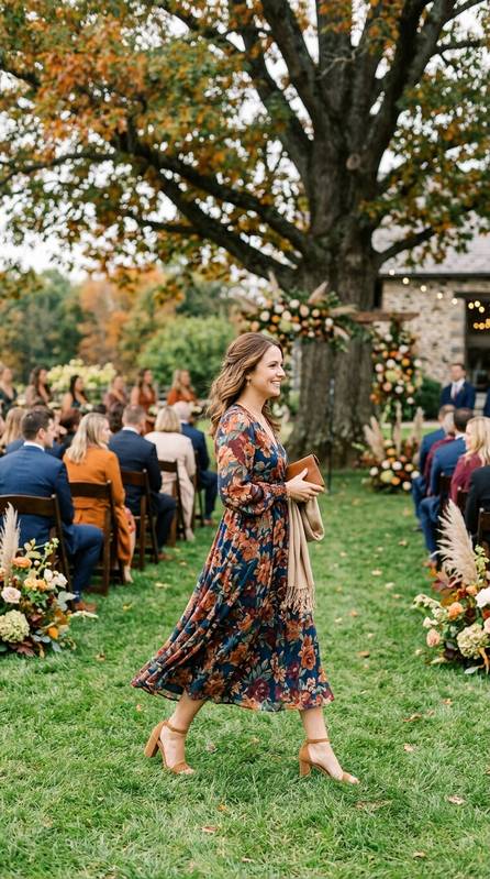 Guest in a floral midi dress with block heels, walking across a grassy lawn at an outdoor fall wedding ceremony