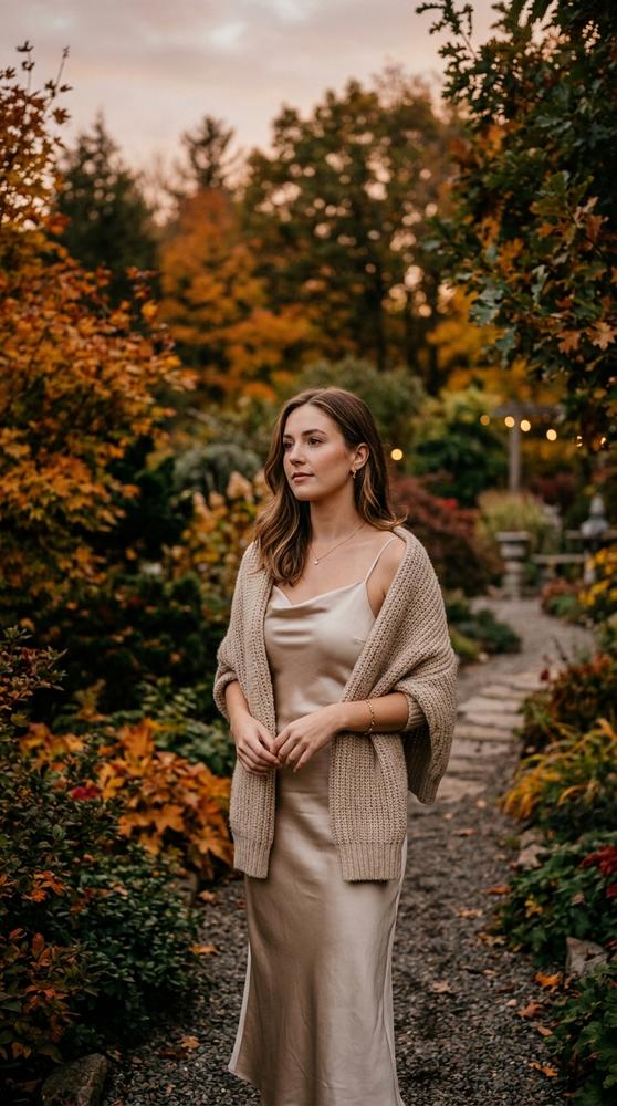 Guest wearing a champagne satin slip dress with a chunky knit shawl draped over shoulders, standing in a fall garden at dusk