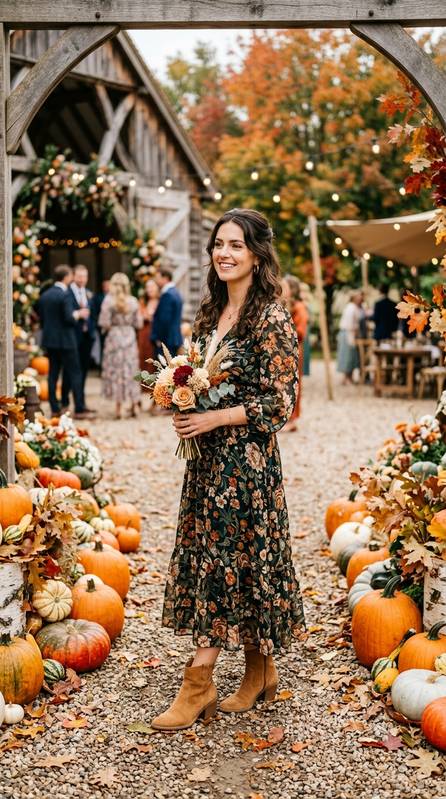 Guest in a dark floral midi dress with tan suede ankle boots, standing among pumpkins and fall foliage at an outdoor wedding