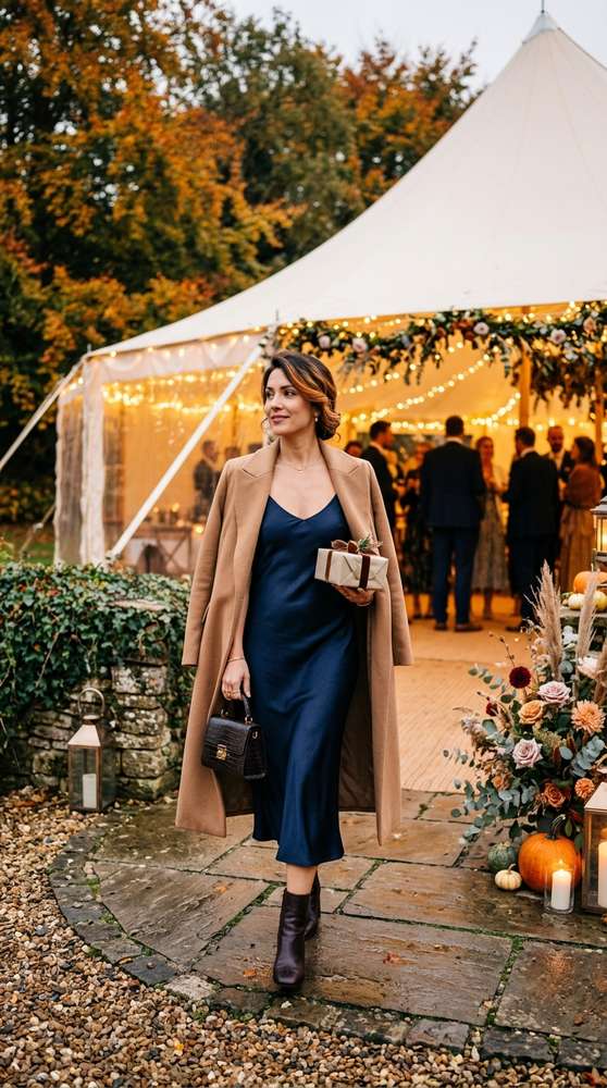 Guest in a navy satin dress with a long camel wool coat, arriving at an outdoor tented fall wedding reception
