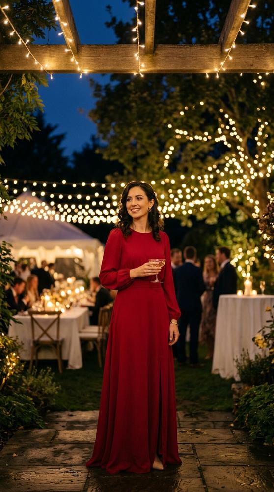 Guest wearing a long-sleeve jewel-toned maxi dress in ruby red, standing under string lights at an outdoor evening wedding