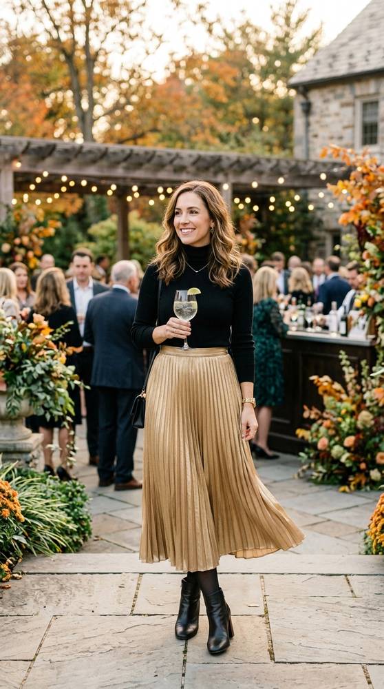 Guest in a black turtleneck with a pleated metallic gold midi skirt and heeled boots, at an outdoor cocktail hour in autumn