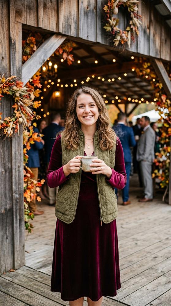 Guest in a burgundy midi dress with a quilted olive vest, holding a warm drink at a rustic barn wedding in fall