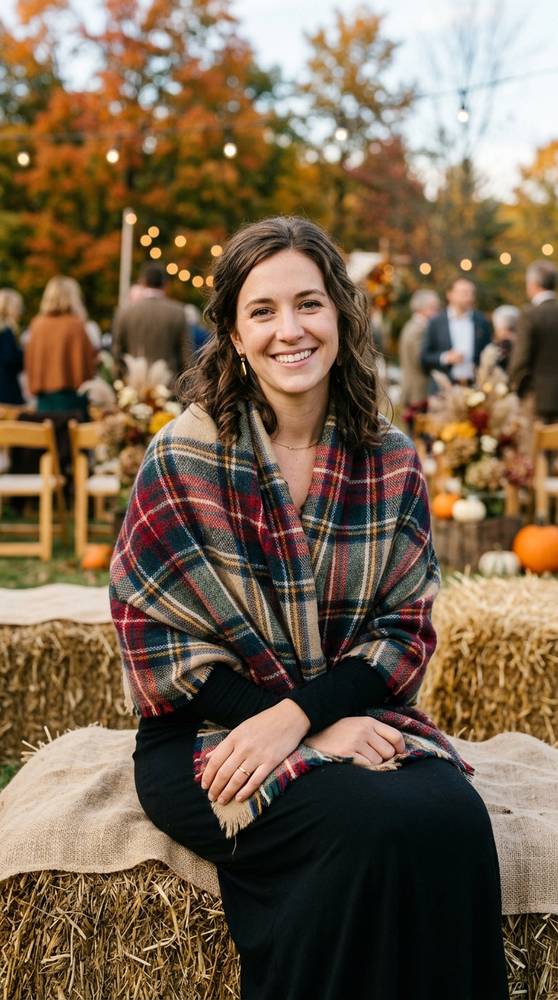 Guest wrapped in a large plaid blanket scarf over a simple black dress, sitting on a hay bale at an outdoor fall wedding