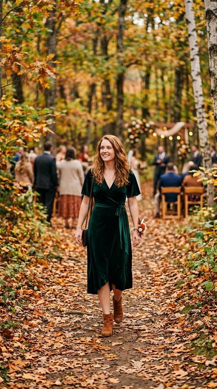 Guest in a dark green wrap dress with brown suede booties, walking down a leaf-covered path at an outdoor fall wedding