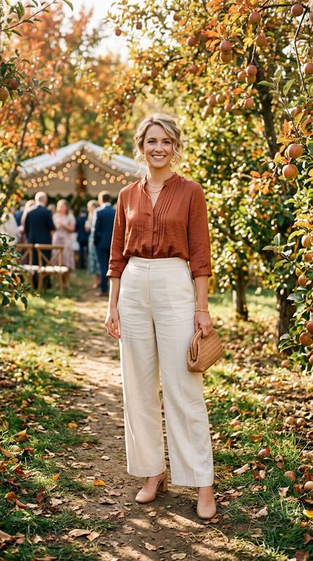 Female wedding guest in high-waisted wide-leg cream trousers, rust silk blouse tucked in, and nude block heels, standing in