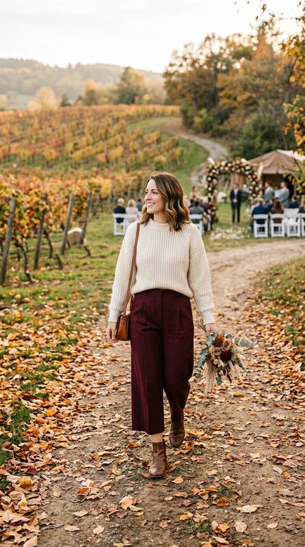 Elegant guest wearing pleated burgundy midi trousers, ivory knit sweater, and brown ankle boots, walking through fallen
