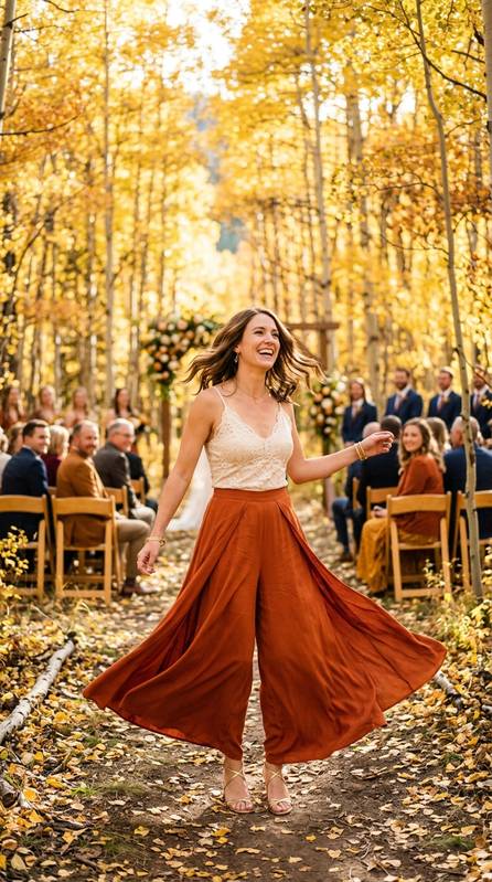 Female guest in flowing rust palazzo pants, cream lace camisole, and gold sandals, twirling among golden aspen trees at an