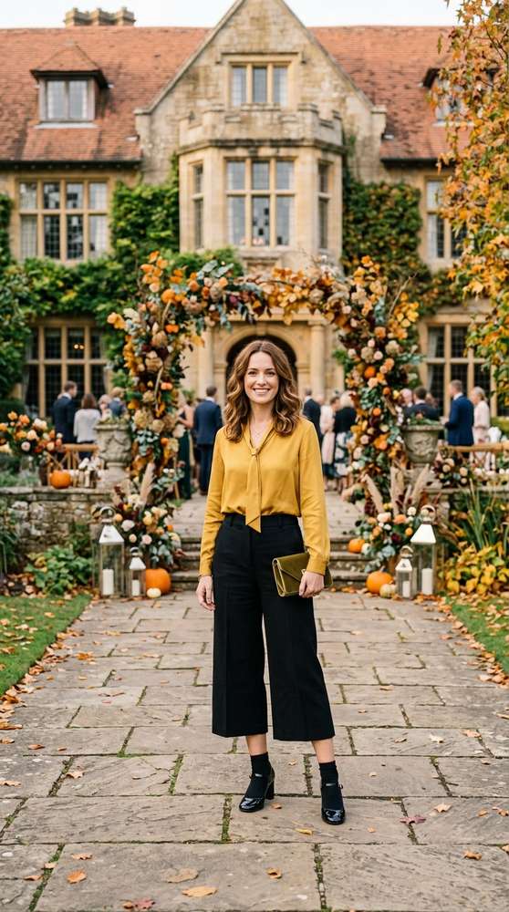 Female guest wearing black tailored culottes, mustard yellow blouse, and black Mary Jane heels, posing in front of a
