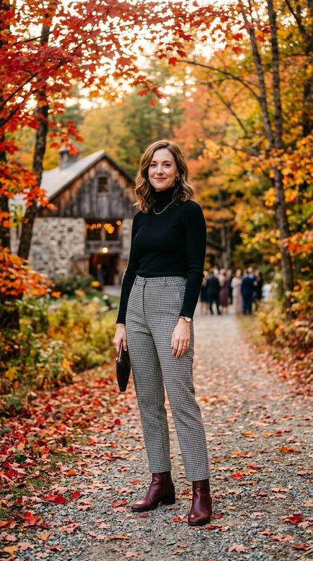 Elegant guest wearing high-waisted houndstooth check trousers, black fitted knit top, and burgundy ankle boots, standing