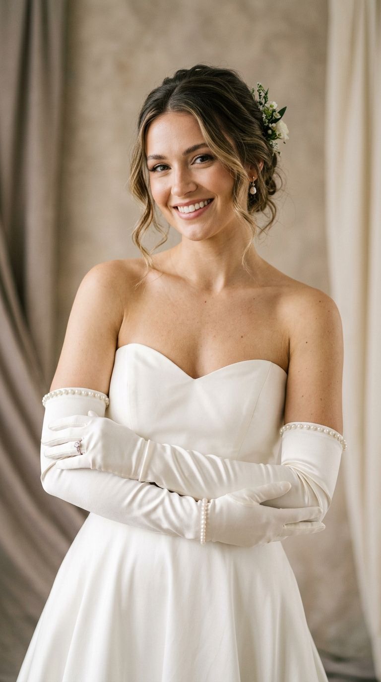 a bride wearing ivory opera-length wedding gloves with a row of pearls along the top edge, arms gracefully crossed.