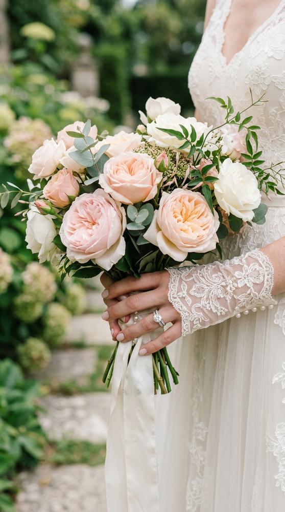 a bride's hands in ivory fingerless wedding gloves with pearl detailing at the wrist, wedding ring clearly visible, holding.