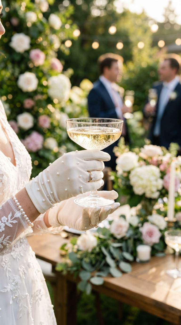 a bride's hands in short ivory wrist-length wedding gloves dotted with small pearls, holding a champagne coupe, garden party.