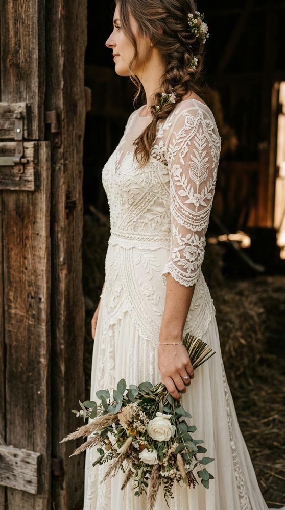 Close-up of vintage-inspired lace on a rustic boho wedding dress, bride in a barn doorway.