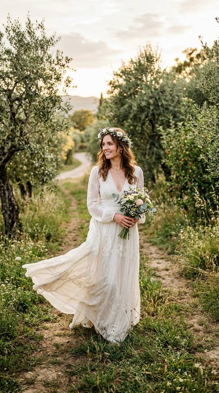 A bride in a flowing empire waist rustic boho dress in an orchard, fabric moving in breeze.