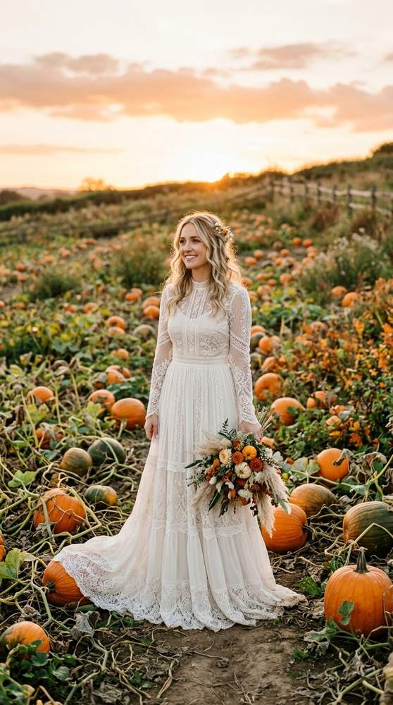 A bride in a prairie-style rustic boho wedding dress with long sleeves in a pumpkin field at golden hour.