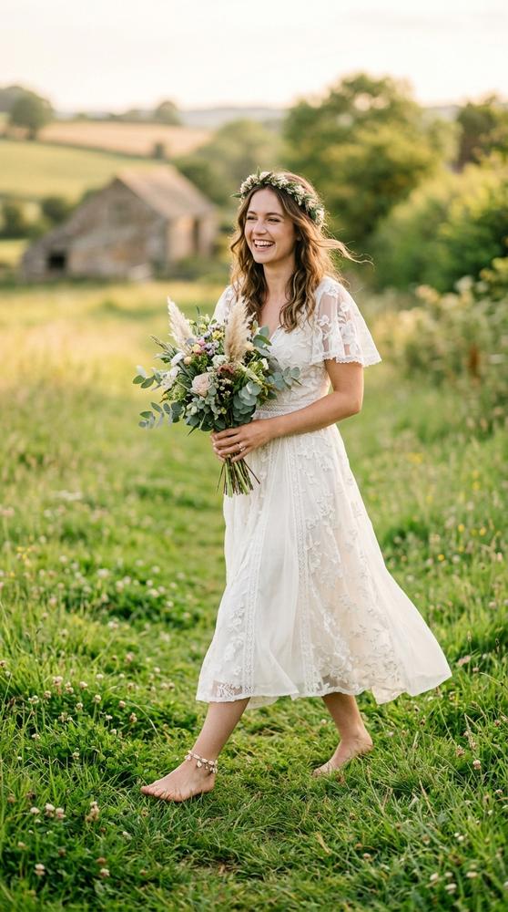 A bride in a tea-length rustic boho dress barefoot in green grass, anklet visible, joyful.